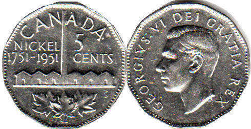 монета canadian юбилейная монета 5 центов 1951
