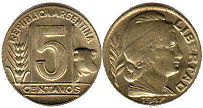 монета Аргентина 5 сентаво 1947