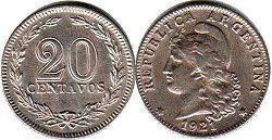 монета Аргентина 20 сентаво 1921