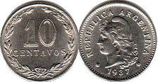 монета Аргентина 10 сентаво 1937