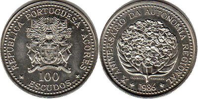 монета Азоры 100 эскудо 1986