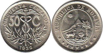 монета Боливия 50 сентаво 1939
