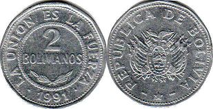 монета Боливия 2 боливиано 1991