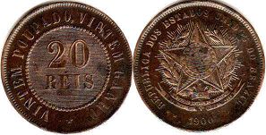 монета Бразилия 20 рейс 1900
