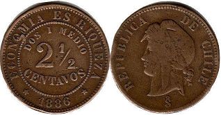 монета Чили 2 1/2 сентаво 1886