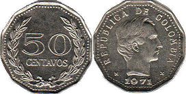 монета Колумбия 50 сентаво 1971