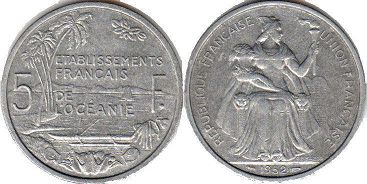 монета Французская Океания 5 франков 1952