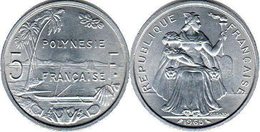 монета Французская Полинезия 5 франков 1965