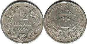 монета Гондурас 1/2 реала 1869