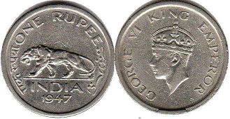 монета Британская Индия 1 рупия 1947