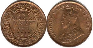 монета Британская Индия 1/4 анны 1919