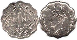монета Британская Индия 1 анна 1939