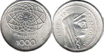 монета Италия 1000 лир 1970 