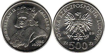 монета Польша 500 злотых 1989