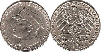 монета Польша 10 злотых 1967