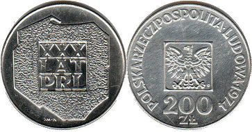 монета Польша 200 злотых 1974