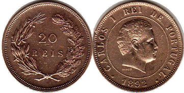монета Португалия 20 рейс 1892
