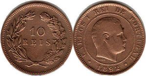 монета Португалия 10 рейс 1892