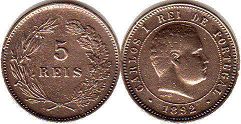 монета Португалия 5 рейс 1892