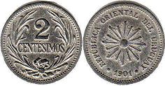 монета Уругвай 2 сентесимо 1901