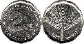 монета Уругвай 2 новых песо 1981