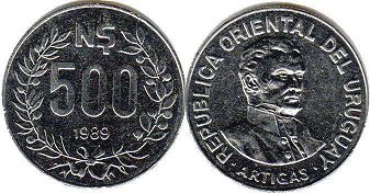 монета Уругвай 500 новых песо 1989