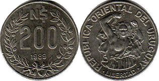 монета Уругвай 200 новых песо 1989