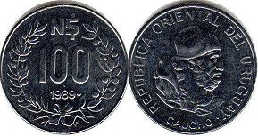 монета Уругвай 100 новых песо 1989