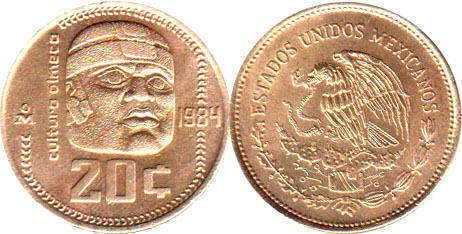 Мексика монета 20 сентаво 1984