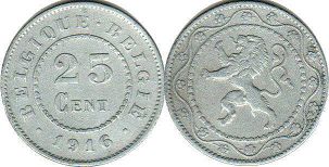 монета Бельгия 25 сантимов 1916