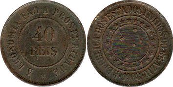 монета Бразилия 40 рейс 1908