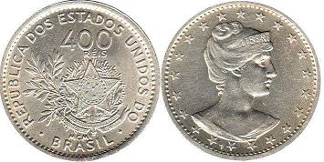 монета Бразилия 400 рейс 1901