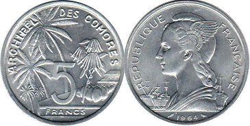 монета Коморские Острова 5 франков 1964