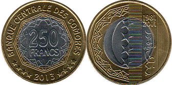 монета Коморские Острова 250 франков 2013