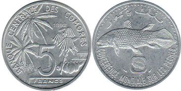 монета Коморские Острова 5 франков 1992