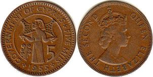 монета Кипр 5 милс 1955