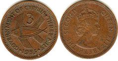 монета Кипр 3 милс 1955