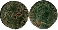 монета Франция двойной денье 1591