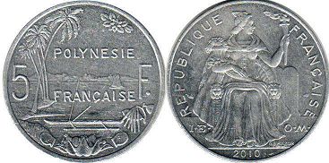 монета Французская Полинезия 5 франков 2010