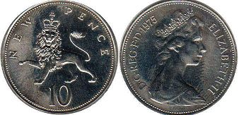 монета Великобритания 10 новых пенсов 1975
