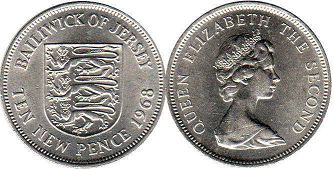 монета Джерси 10 новых пенсов 1968