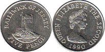 монета Джерси 5 пенсов 1990