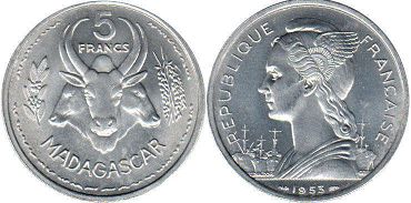 монета Мадагаскар 5 франков 1953