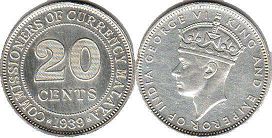 монета Малайя 20 центов 1939