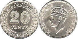 монета Малайя 20 центов 1948