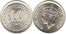 монета Малайя 10 центов 1950