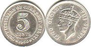монета Малайя 5 центов 1950
