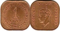 монета Малайя 1 цент 1945