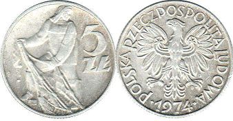 монета Польша 5 злотых 1974
