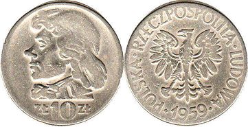 монета Польша 10 злотых 1959